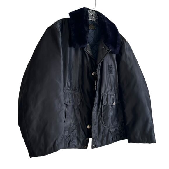 Vintage Black Twill Bomber Coat Mens Sz XL Nylon Faux Fur Collar Police Jacket - Picture 3 of 16